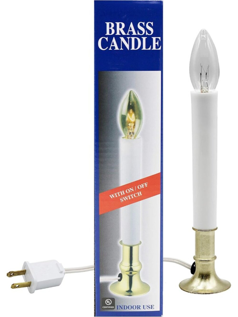 Electric Window Candle Lamp with Brass Plated Base, On/Off Switch, Light Bulb, R